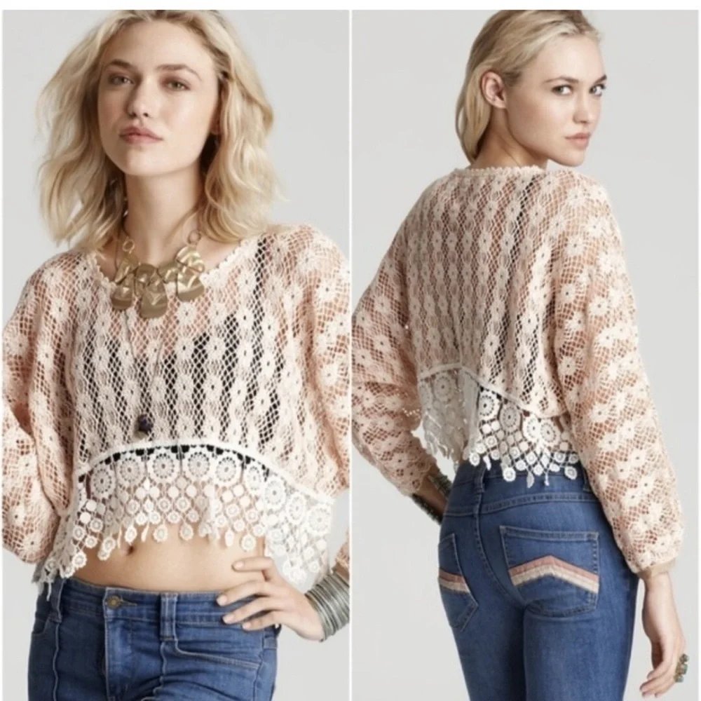 FREE PEOPLE BOHO CROCHET CROP TOP NEW ROMANTICS EMBROIDERED OVERSIZED SIZE XS-M